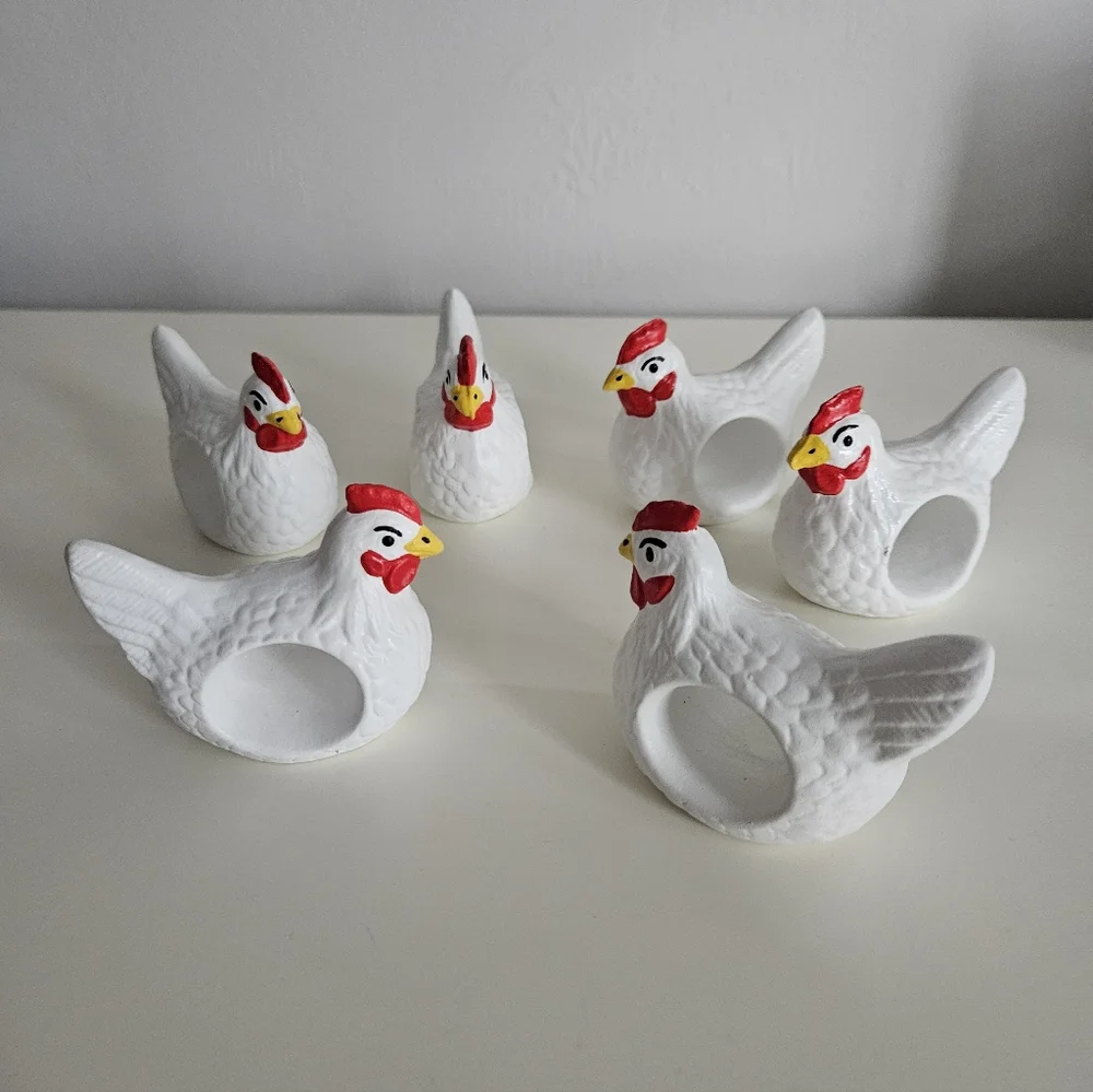 White Ceramic Hand Painted Chicken Napkin Holders x 6